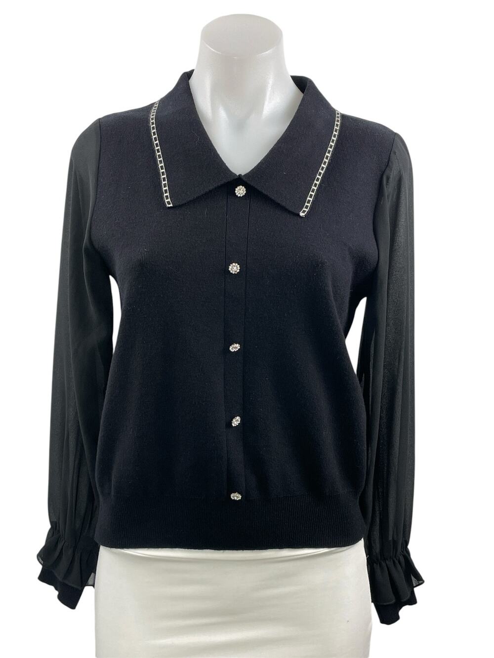 J.ING Women's Black Mesh Long Sleeve Collared Button Up Cardigan Sweater Size OS